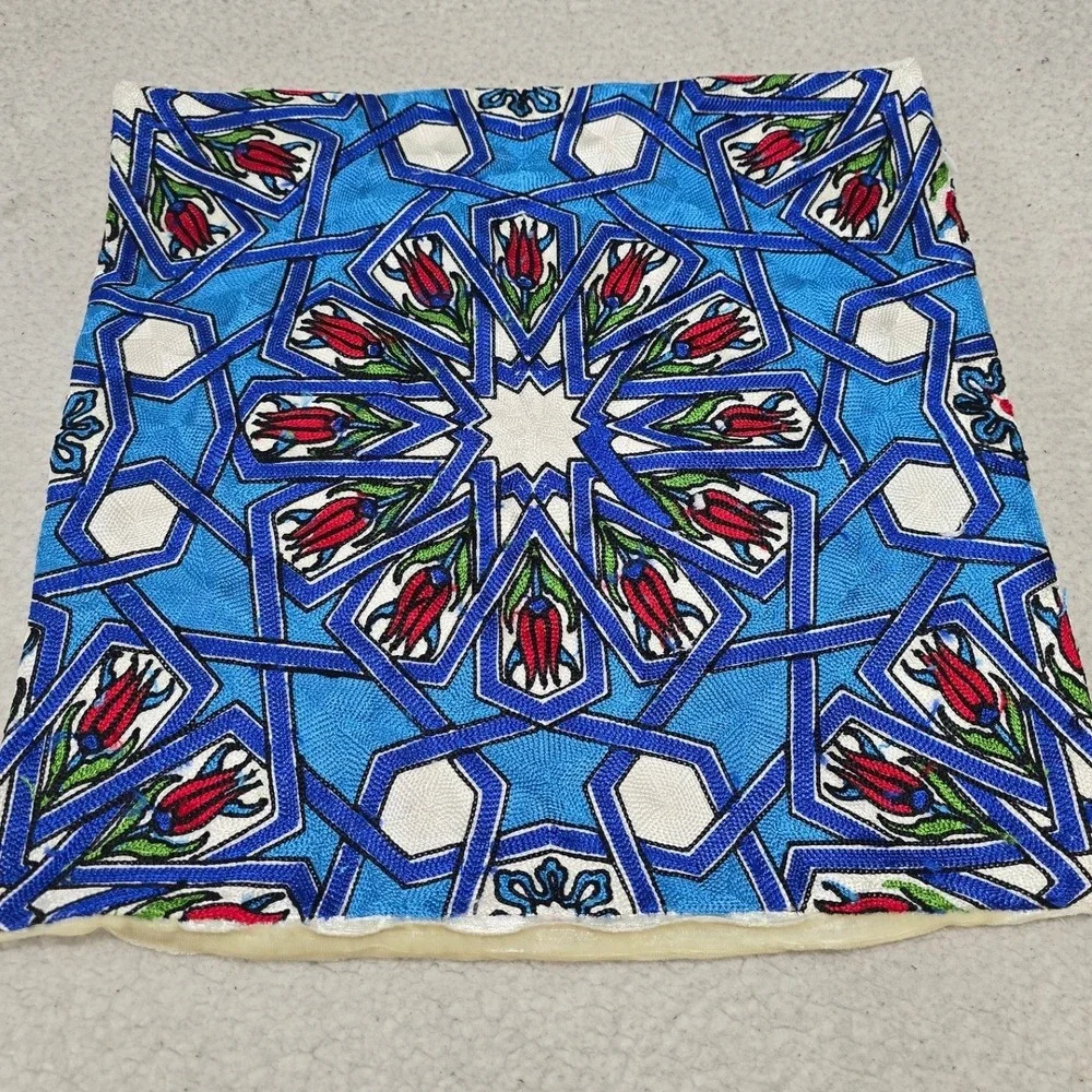 Handmade Turkish Embroidered Pillow Covers 2‎ Iznik Tulip Geometric Blue Cream